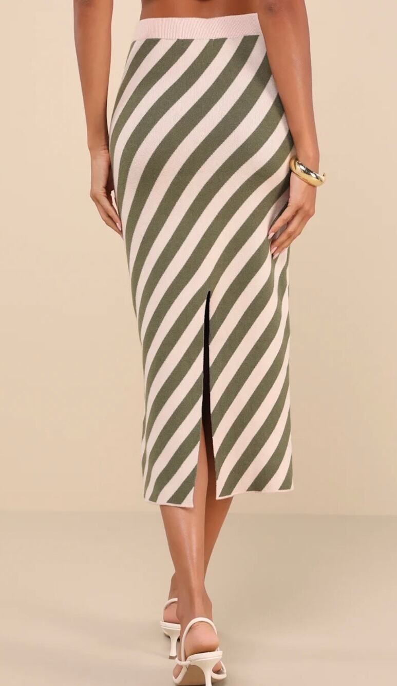 Lulus NWT Trending Muse Beige and Green Striped Knit Midi Pencil Skirt Size M